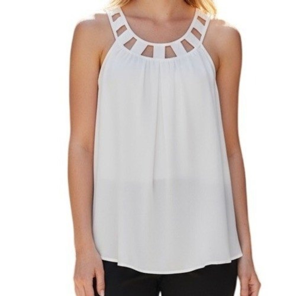 EXPRESS White Cutout Neck Strappy Cage‎ Back Pleated Tank Top Blouse EUC XS
